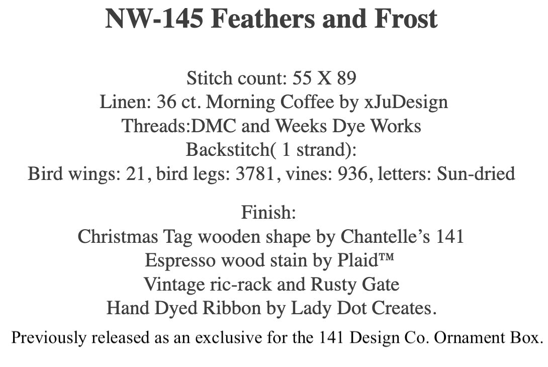 Feathers and Frost NW-145 chart-back information listing stitch count, Morning Coffee linen, backstitch colors, and finishing materials.