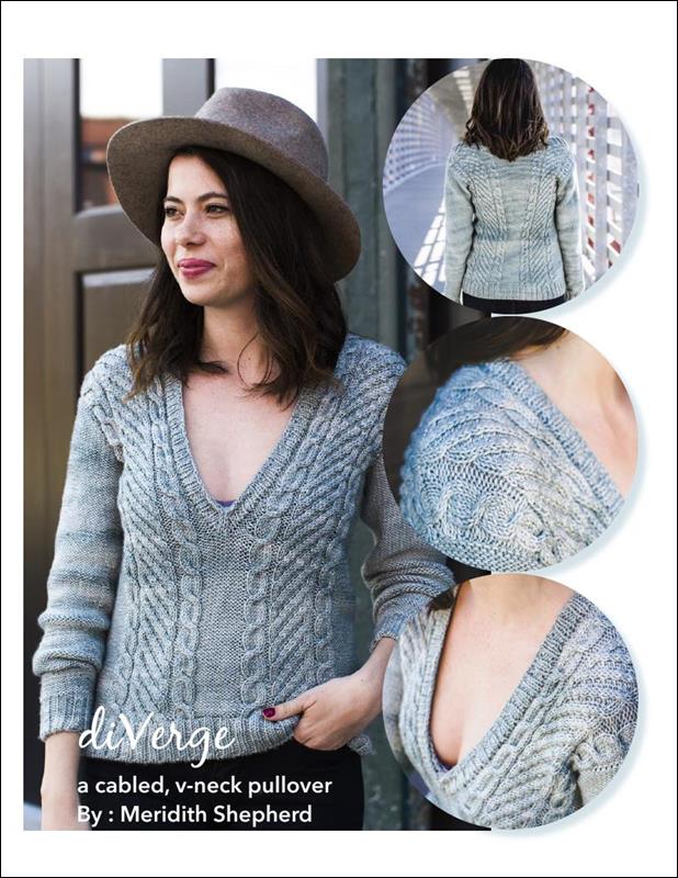 diVerge V-neck sweater with mirrored cables by Meridith Shepherd