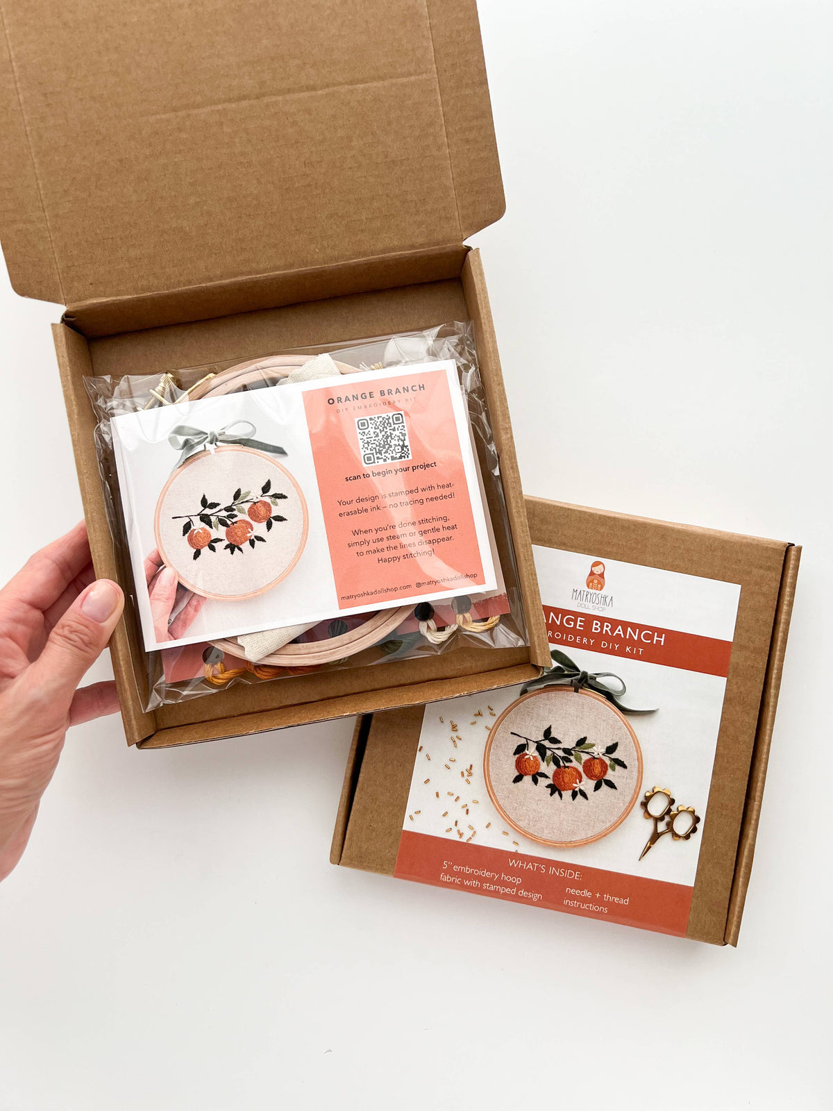 Orange Branch Embroidery DIY Kit, Beginner Craft Kit