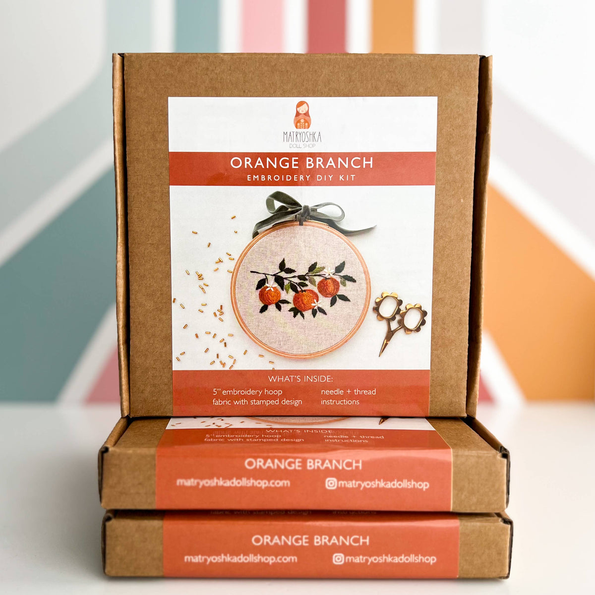 Orange Branch Embroidery DIY Kit, Beginner Craft Kit