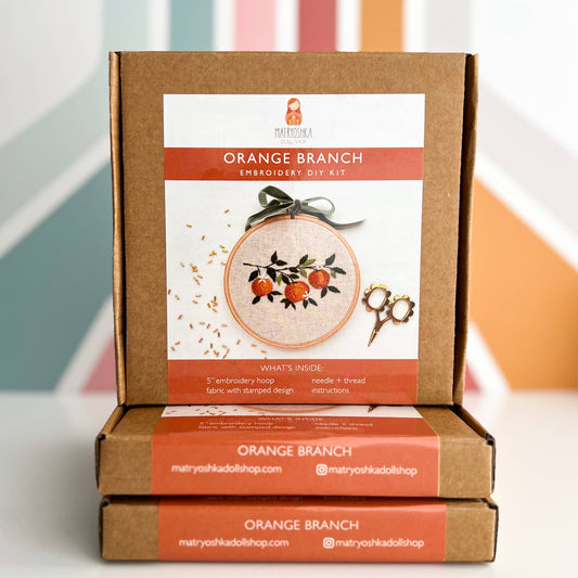 Orange Branch Embroidery DIY Kit, Beginner Craft Kit