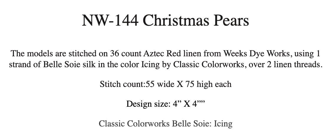 Christmas Pears NW-144 chart-back information showing the stitch count, Aztec Red linen, Icing silk, and stated model size.