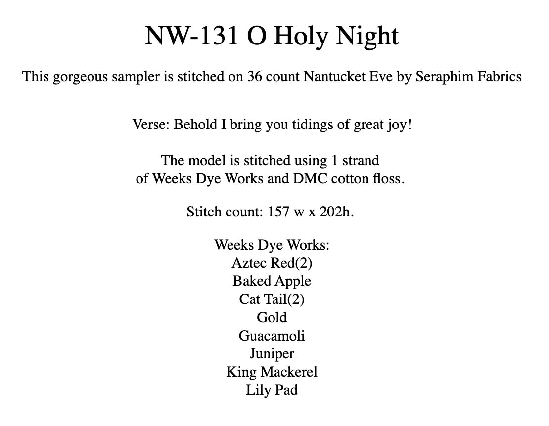 O Holy Night NW-131 chart-back information showing stitch count, Nantucket Eve model fabric, and thread requirements.