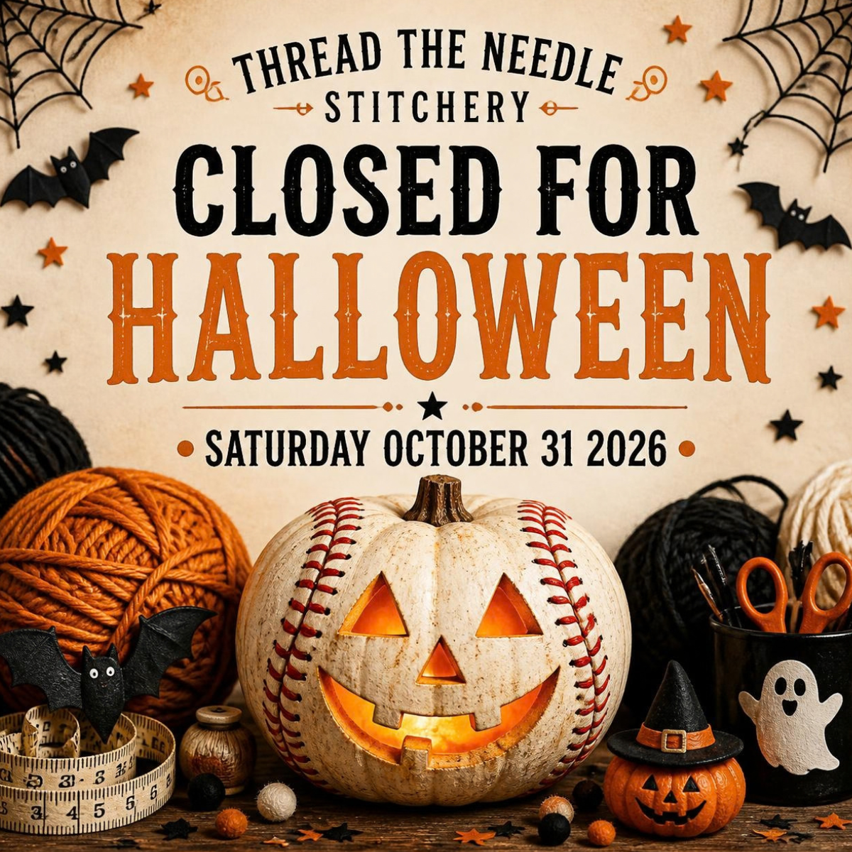 Closed for Halloween, Saturday October 31, 2026, with a baseball jack-o’-lantern