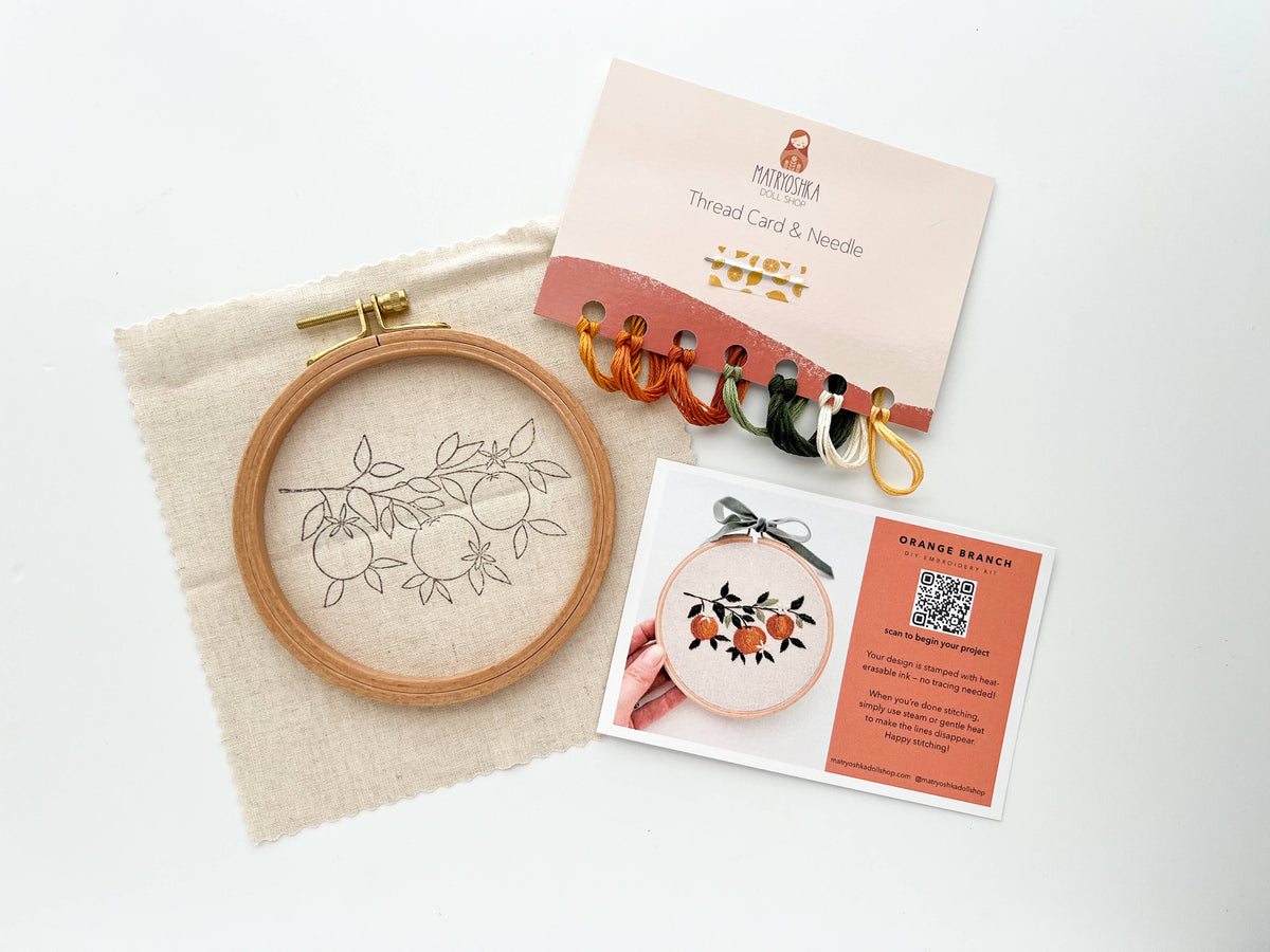 Orange Branch Embroidery DIY Kit, Beginner Craft Kit