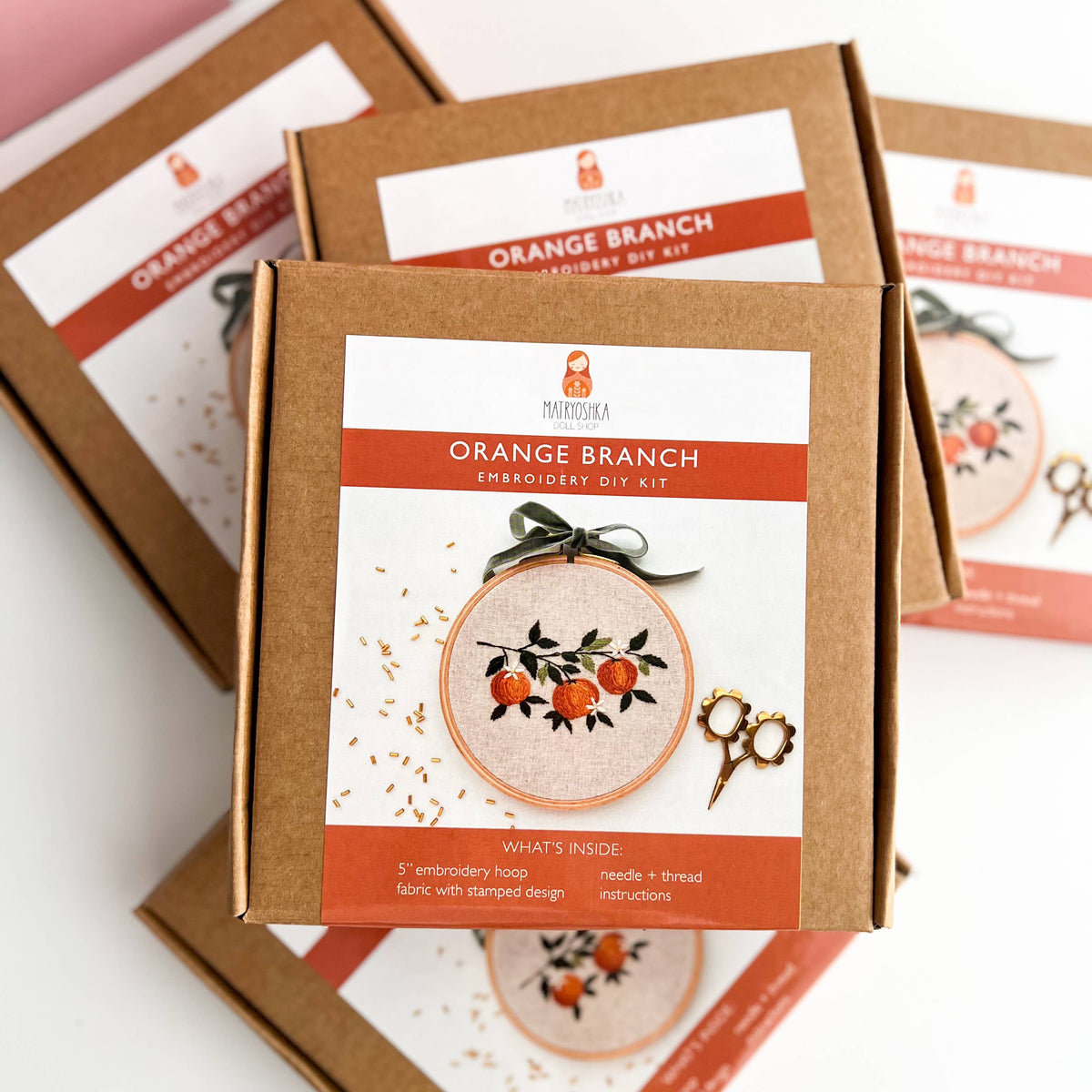 Orange Branch Embroidery DIY Kit, Beginner Craft Kit